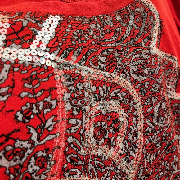 Sunset Rd M Red Black Lace Clear Sequins Design Top Blouse Long Sleeve sz M - Picture 9 of 11